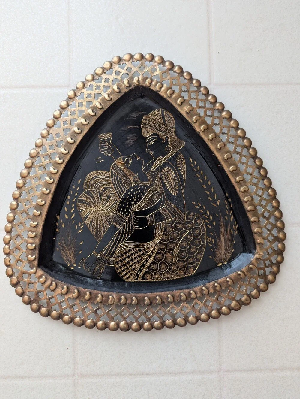 Handcrafted Black & Gold Indian Wall Art Plate - Decorative Home Accent